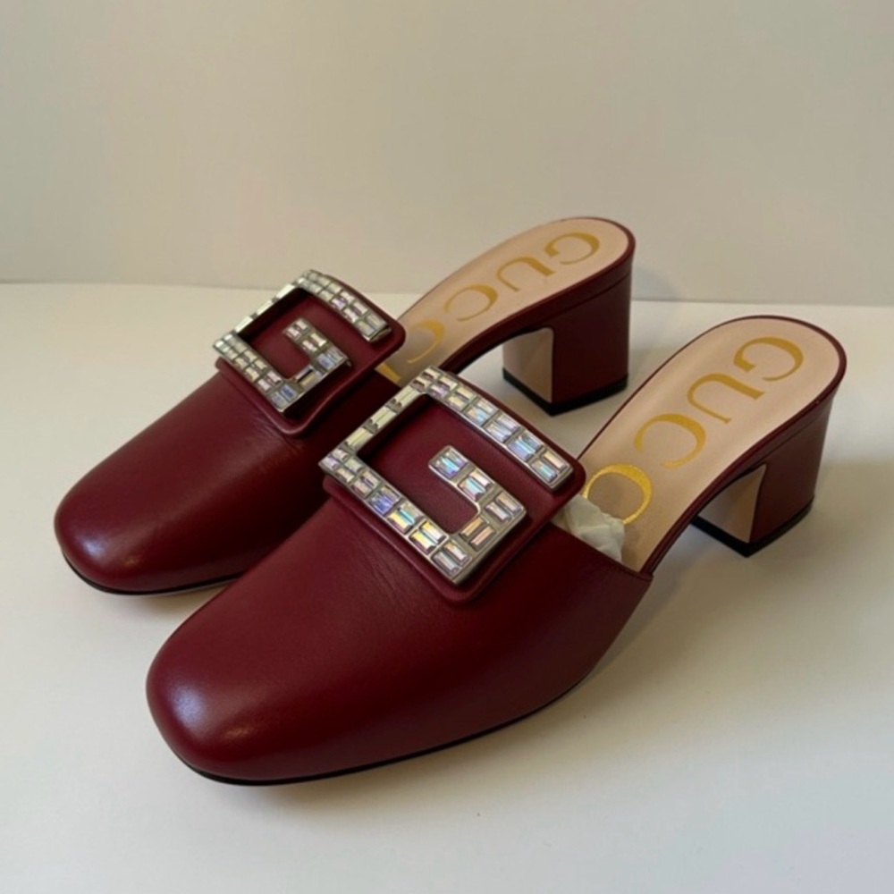 Gucci Burgundy Leather Block Heel Mules with Crystal 'G' Buckle